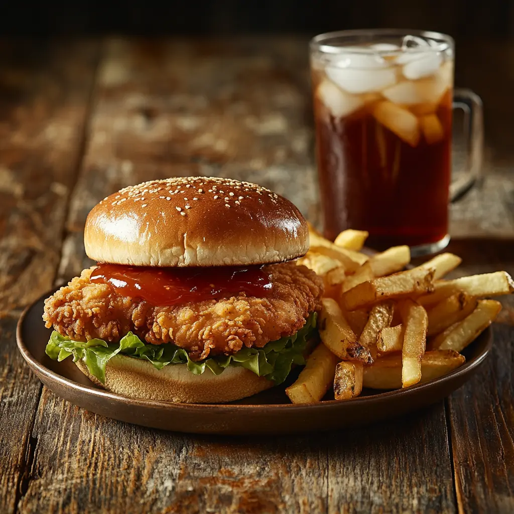 A crispy chicken sandwich served with fries and a dipping sauce