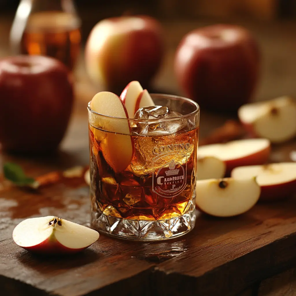 Crown Royal Apple bottle with a glass of whisky and fresh green apples