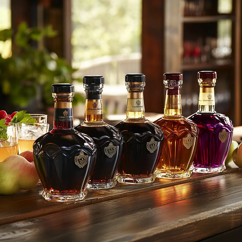 A selection of Crown Royal whisky bottles arranged elegantly on a bar counter