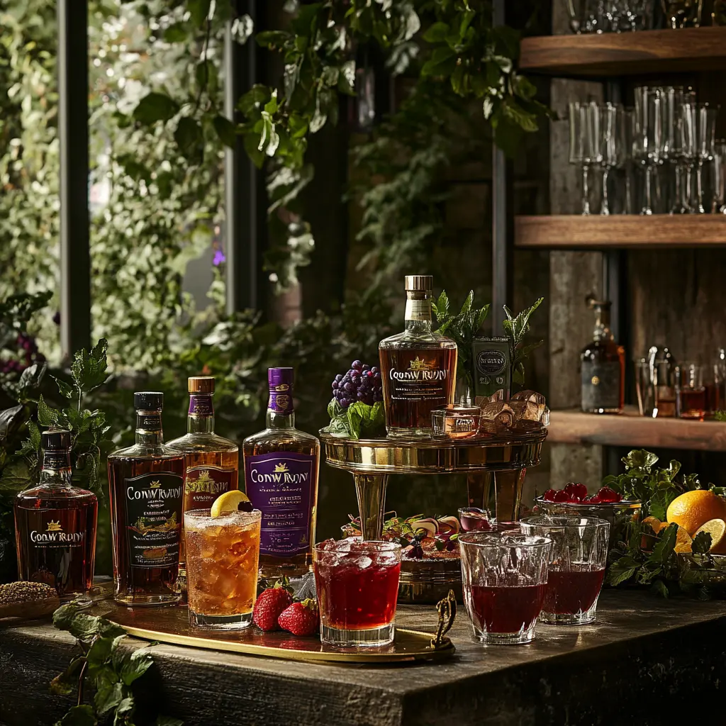 A bar setup featuring multiple Crown Royal flavors and cocktail garnishes