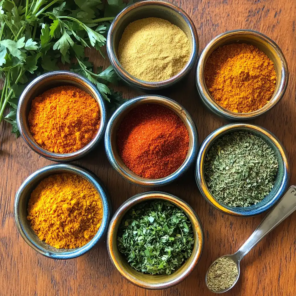 Bowls of spices and seasonings for customizing protein chips