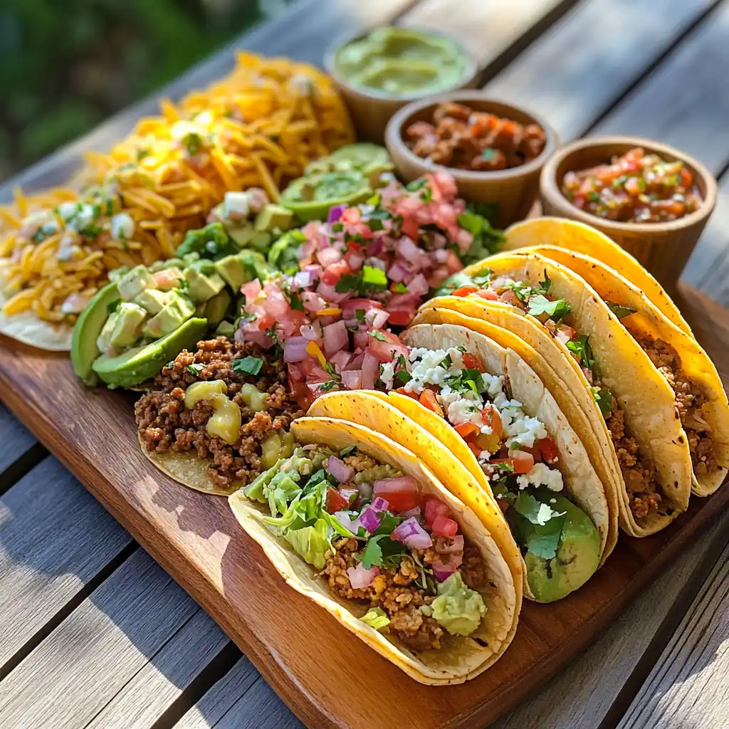 A variety of taco shells with different fillings on a wooden board