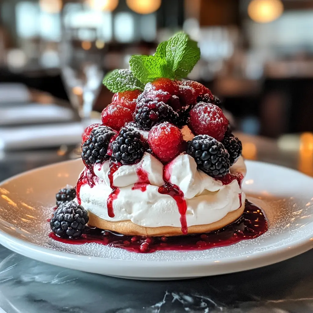 A low-calorie pavlova topped with fresh berries and mint leaves