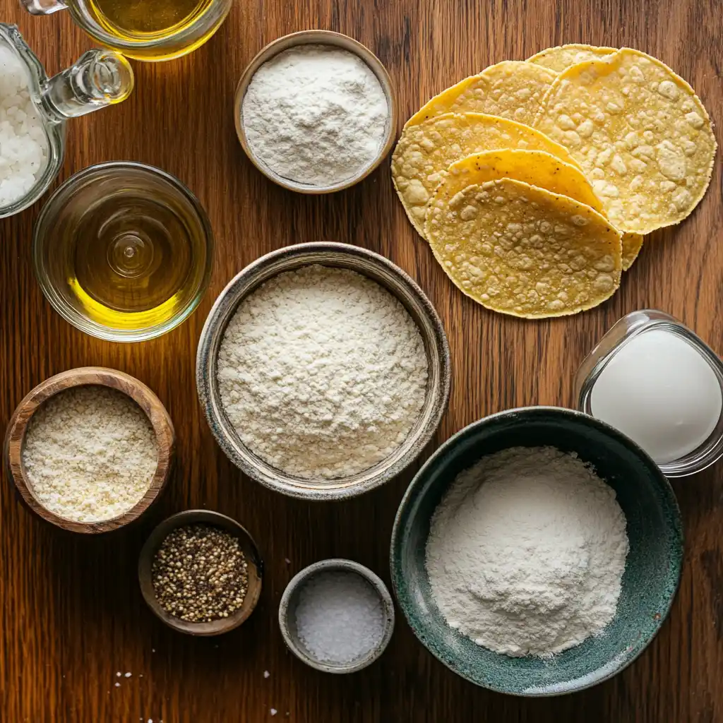 How to Make Taco Shells. Ingredients for making taco shells, including flour, cornmeal, water, salt, and oil.