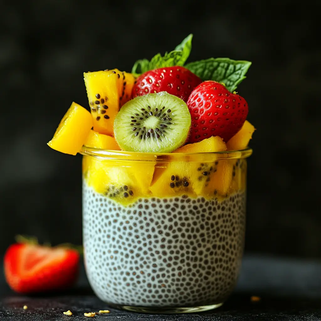 Chia pudding with exotic fruits in a glass jar. Low-Calorie Royal Desserts