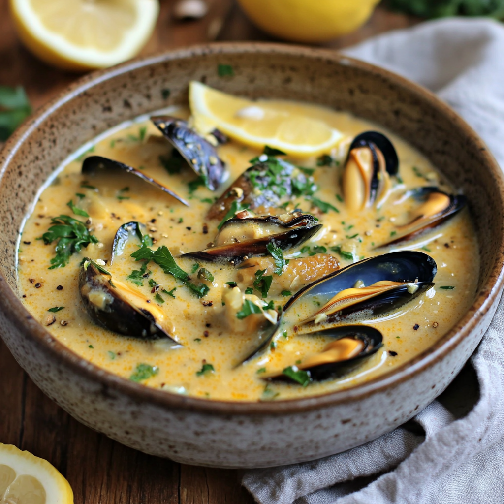 A bowl of freshly cooked Flex Mussels with lemon and parsley garnish.