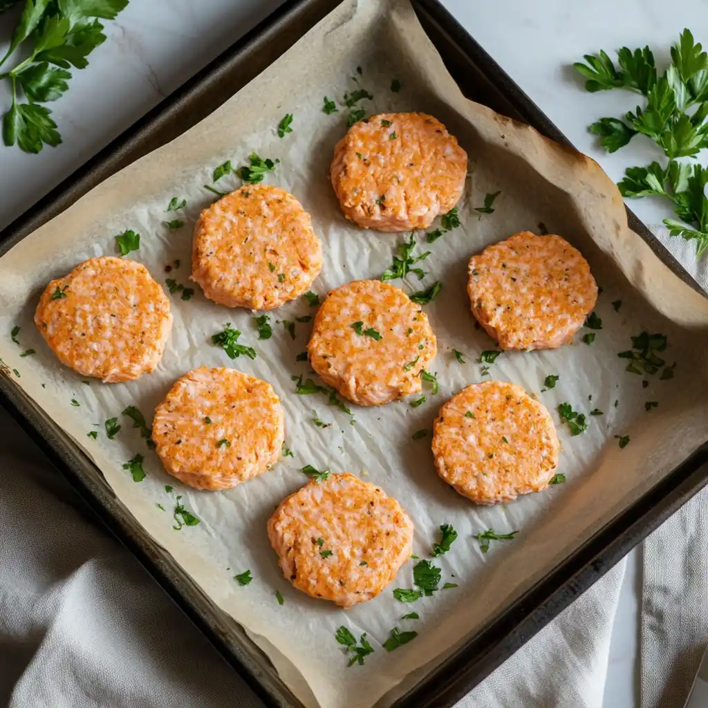 Can I Freeze Salmon Patties
Uncooked salmon patties on a parchment-lined tray, ready for freezing.