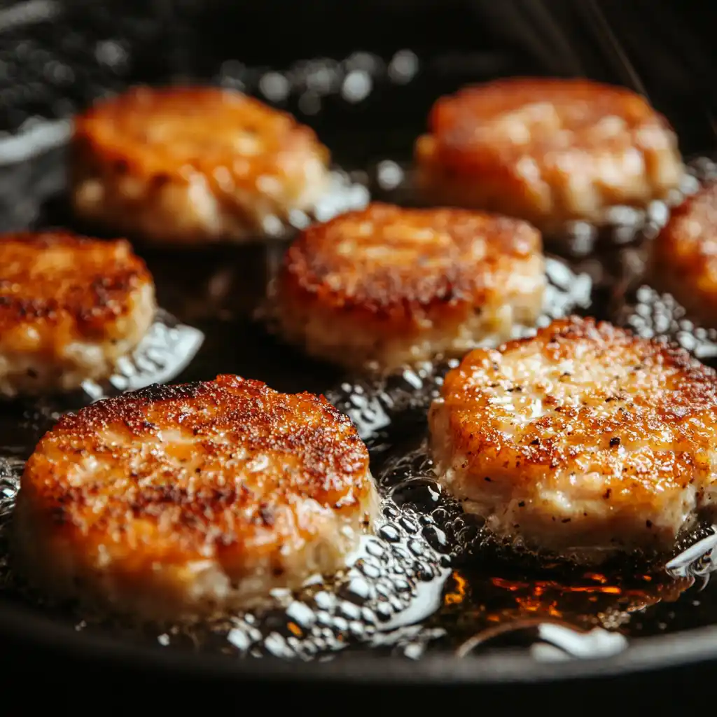 Salmon patties frying in a skillet with golden edges