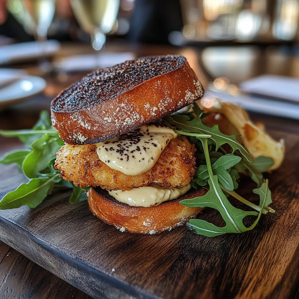 A gourmet crispy chicken sandwich with truffle aioli and arugula