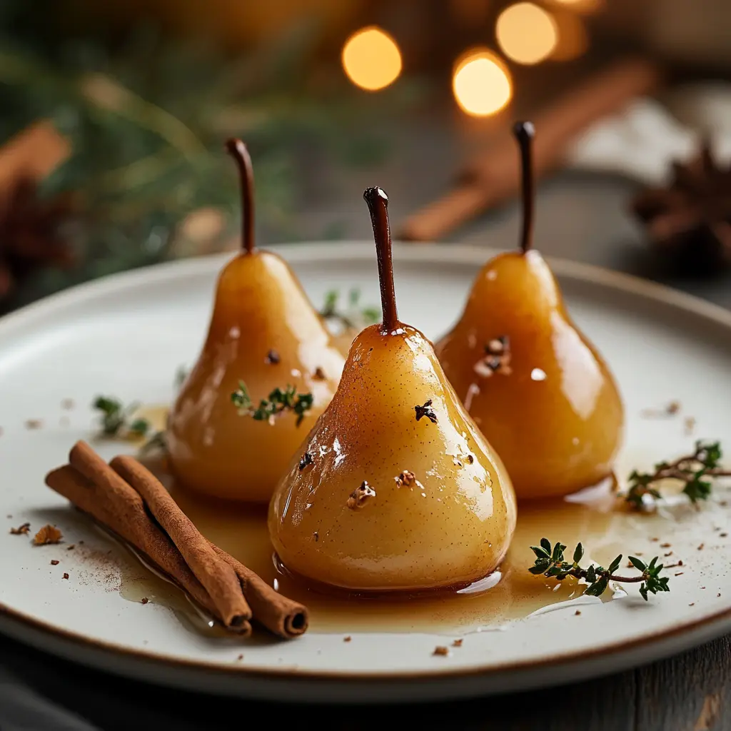 Poached pears with a drizzle of honey and cinnamon. Low-Calorie Royal Desserts