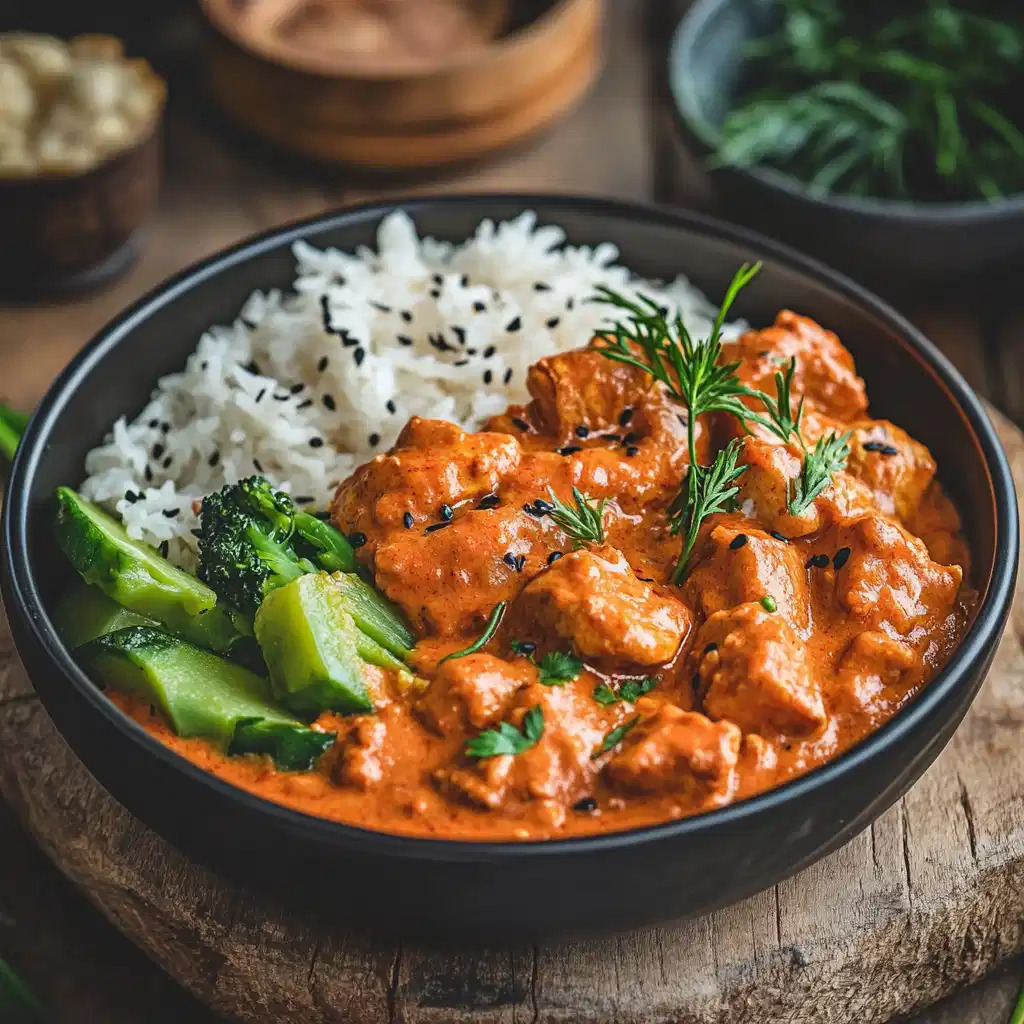 A plate of low-calorie chicken tikka masala served with steamed vegetables