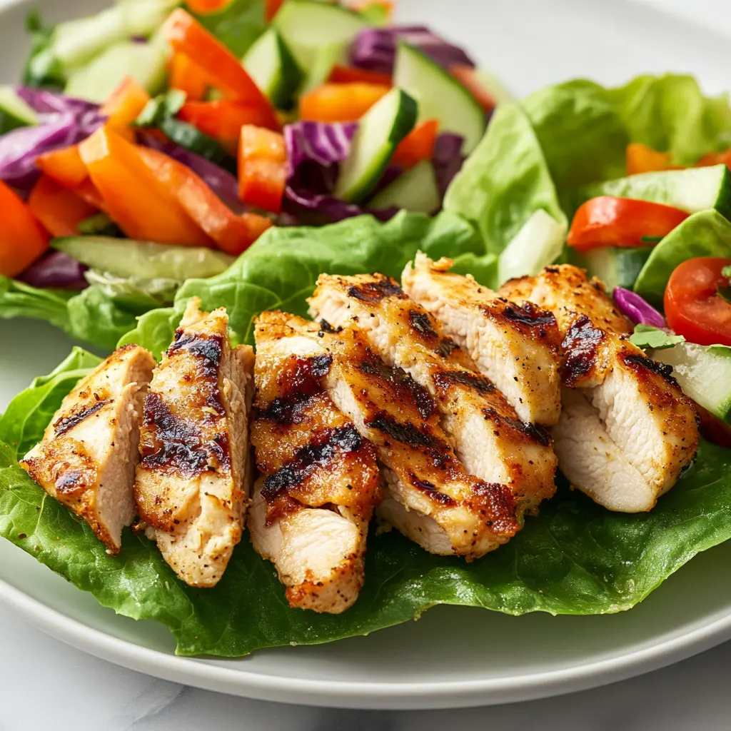 A healthier version of a crispy chicken sandwich served with a side salad