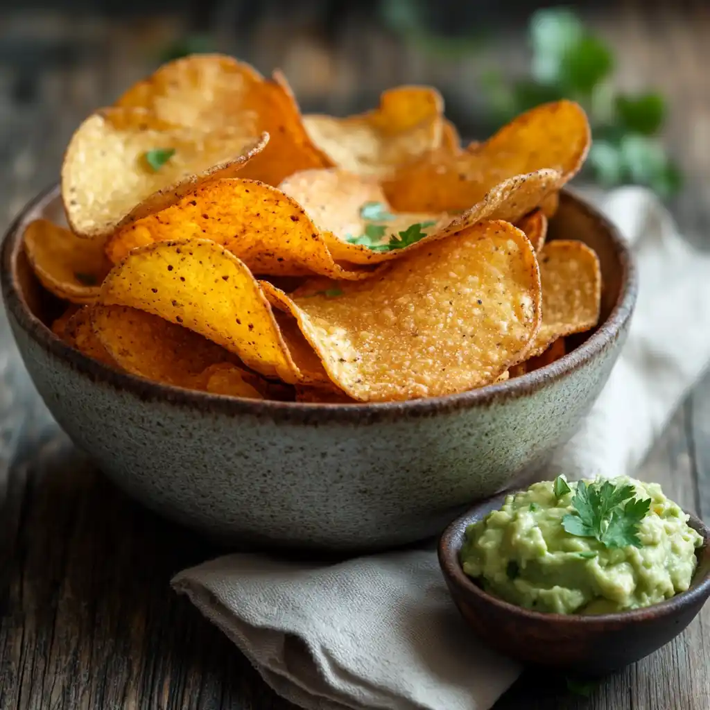 A bowl of homemade protein chips served with a dip