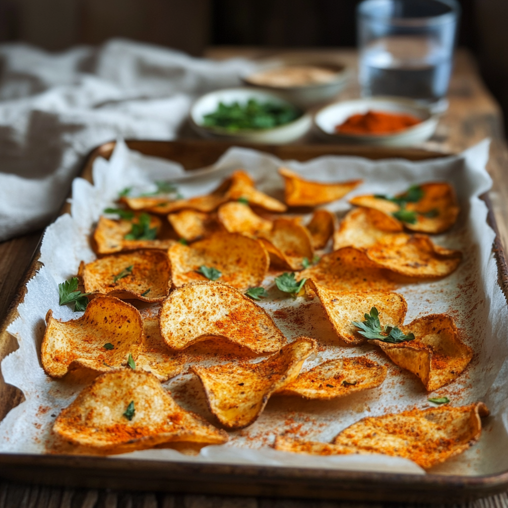 A tray of freshly baked homemade protein chips with seasoning