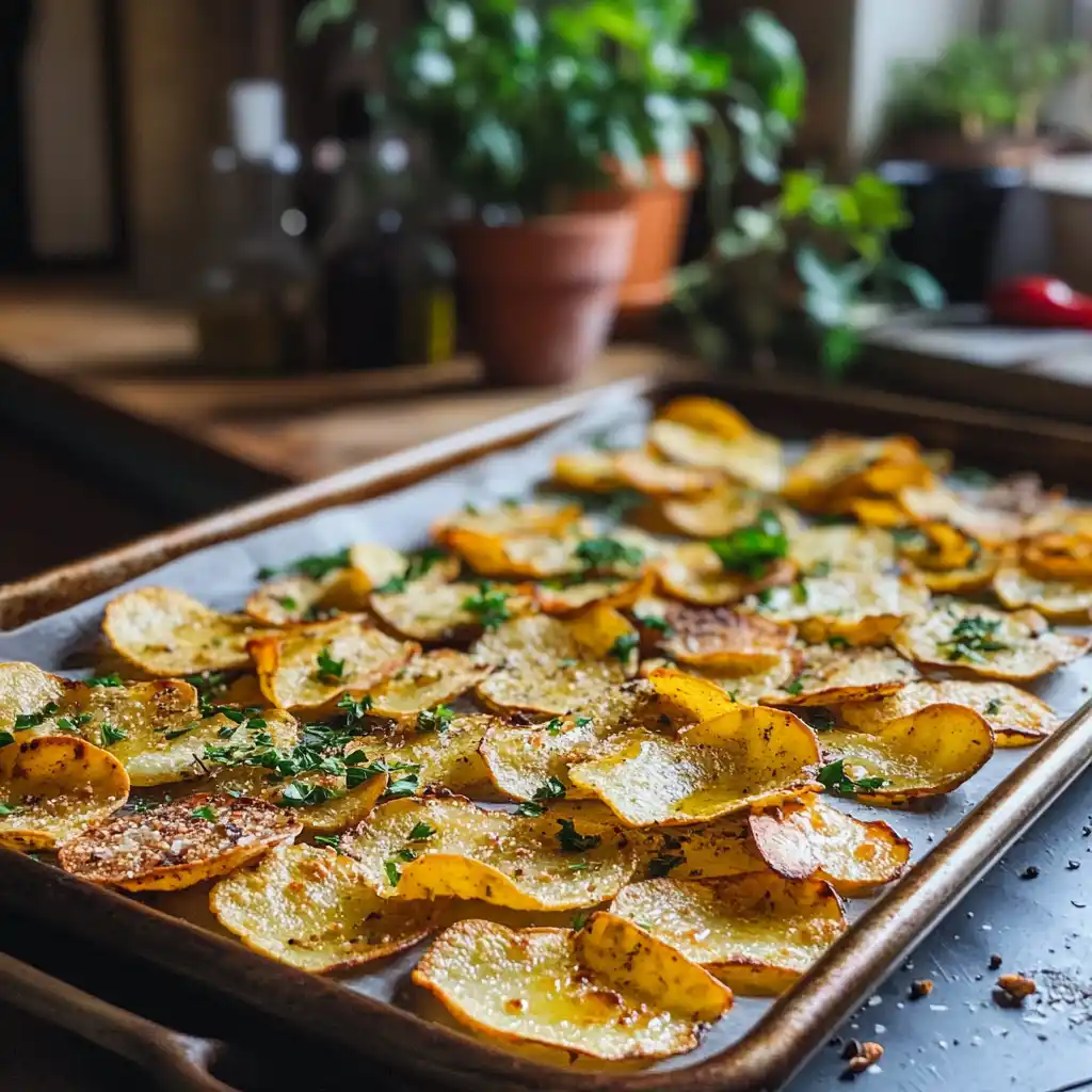 Freshly baked homemade protein chips on a baking sheet, garnished with herbs.