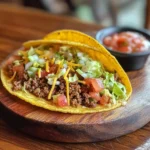 A hard shell taco filled with seasoned beef, cheese, lettuce, and tomatoes