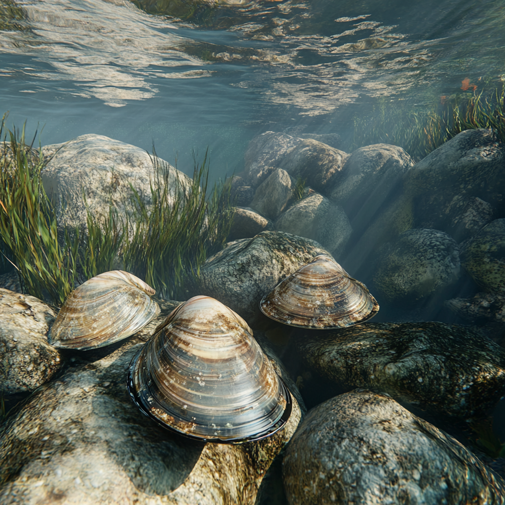 A group of mussels filtering water in a clean ocean environment