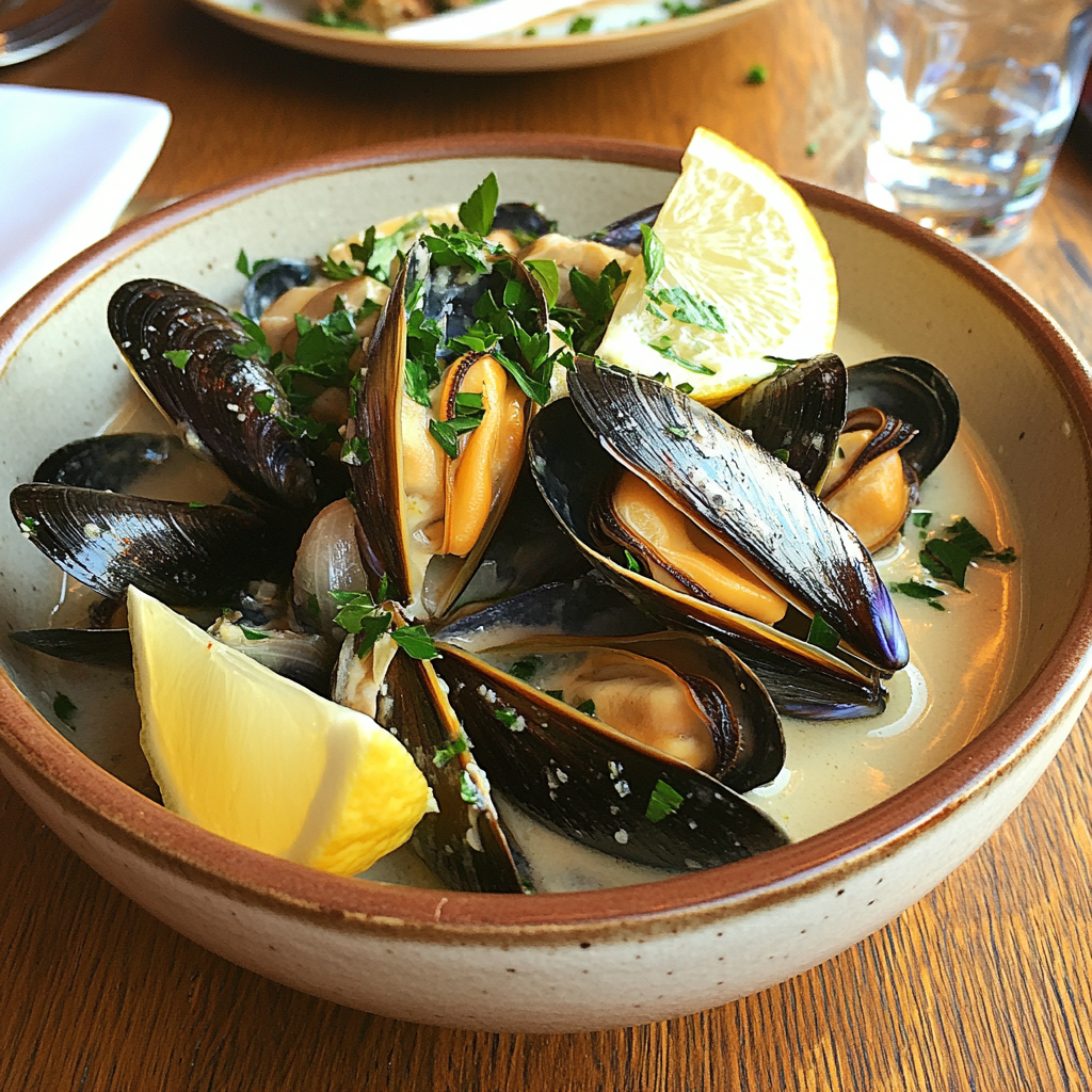 A bowl of freshly cooked mussels in white wine sauce with lemon and parsley