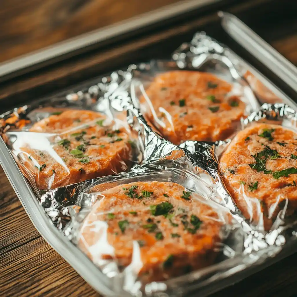 Frozen salmon patties wrapped and stored in a freezer bag