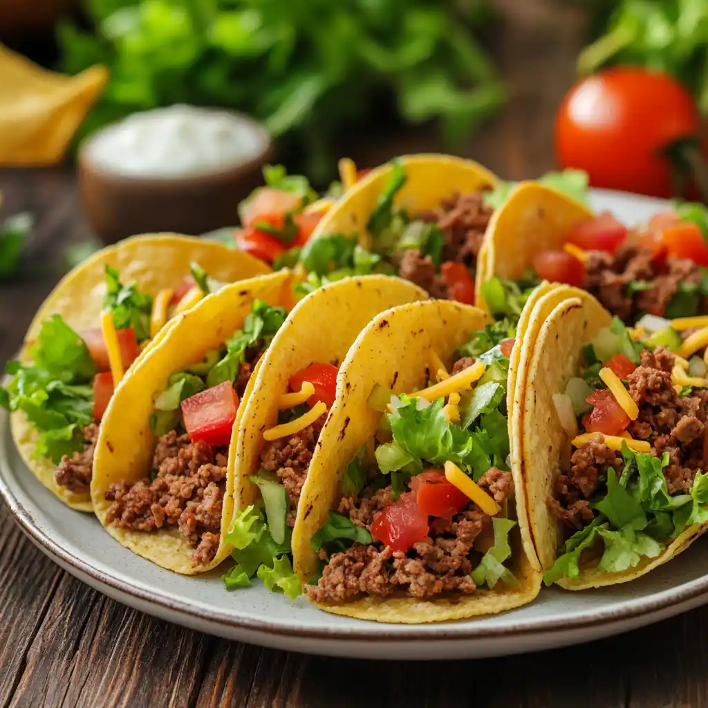 Homemade taco shells on a wooden plate with taco fillings