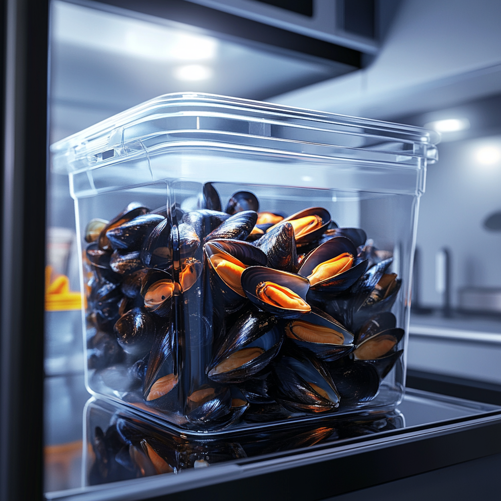 Can I Store Leftover Mussels?. Cooked mussels in a container with broth for storage