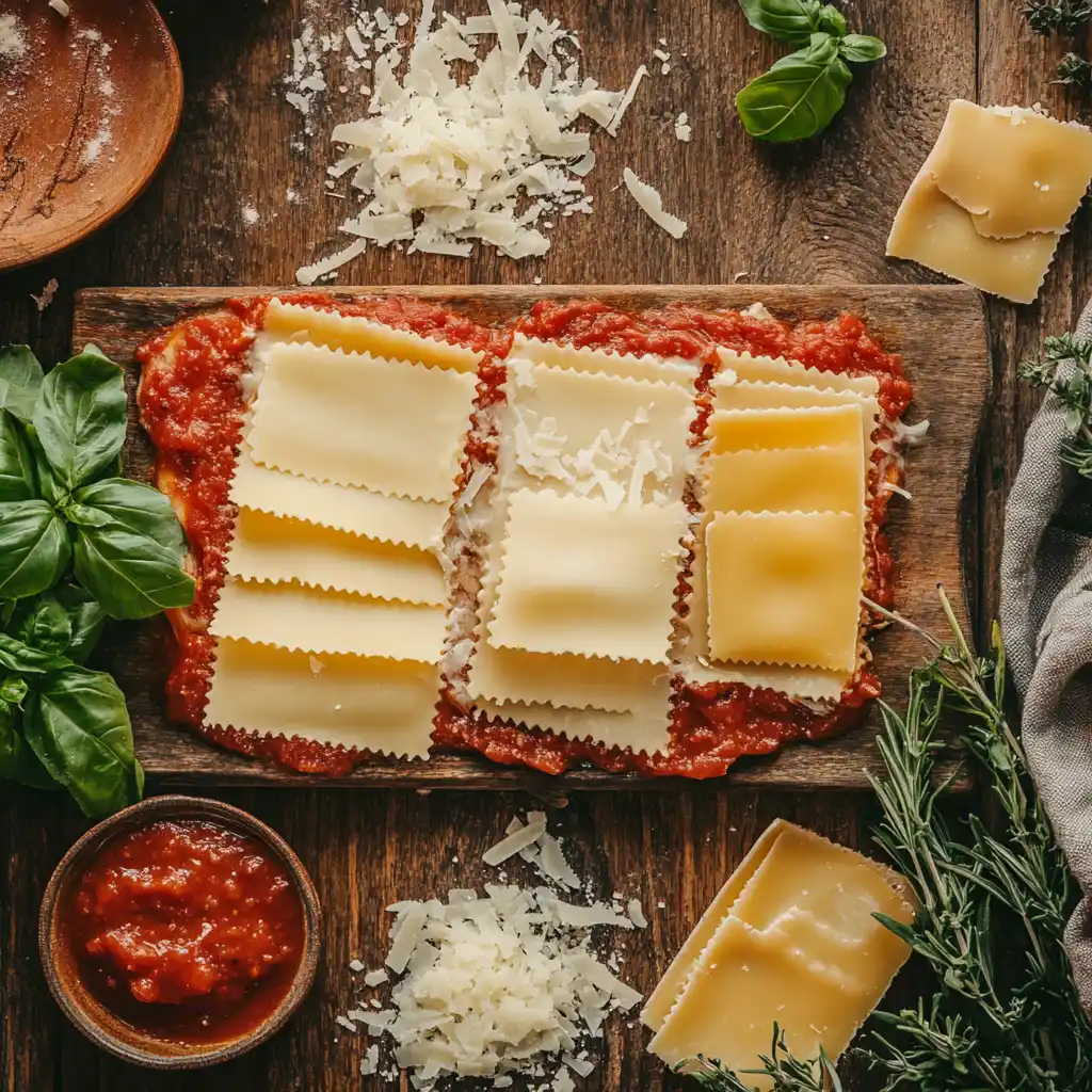 Ingredients for Barilla lasagna recipe, including lasagna sheets, marinara sauce, and ricotta cheese