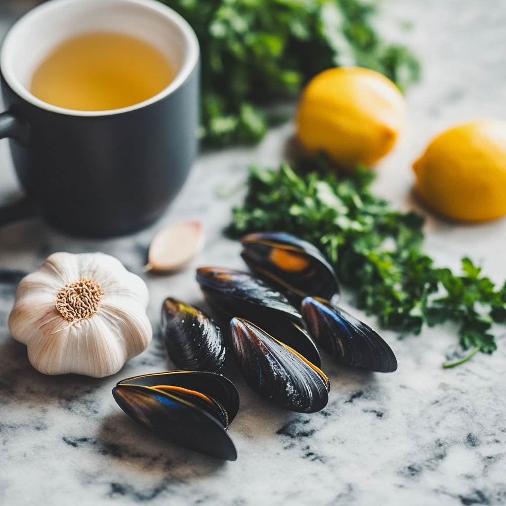 Fresh ingredients for cooking mussels, including mussels, garlic, white wine, and parsley