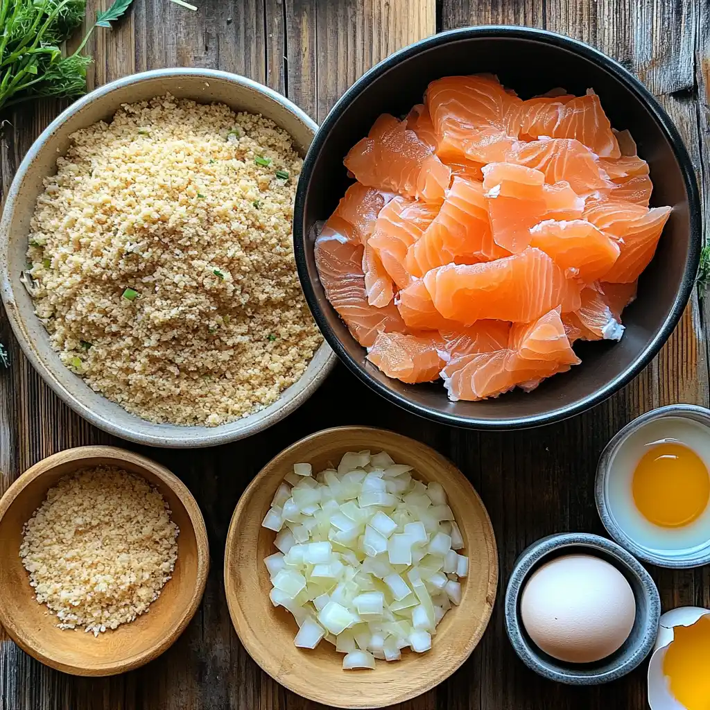 How to Make Salmon Patties A bowl of flaked salmon and ingredients for making patties