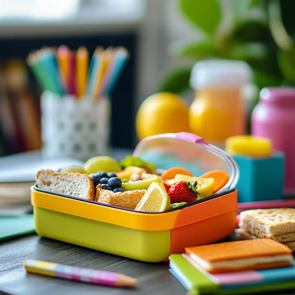 A kid-friendly  with mini sandwiches, fruit, and colorful snacks