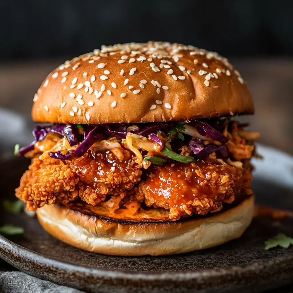 A Korean-style crispy chicken sandwich with gochujang glaze and kimchi slaw