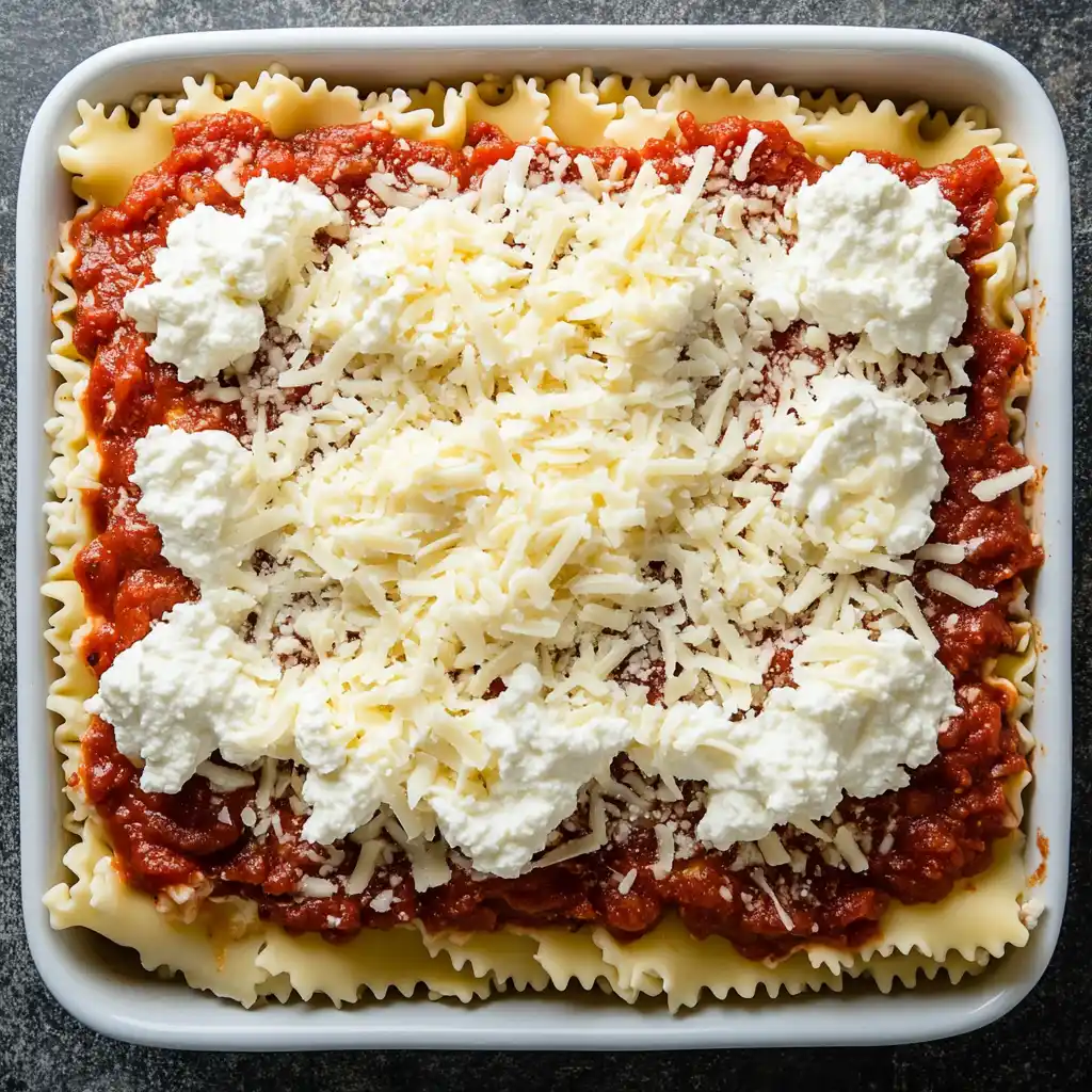 How Do I Keep Oven-Ready Noodles. A baking dish being layered with oven-ready noodles, sauce, and cheese