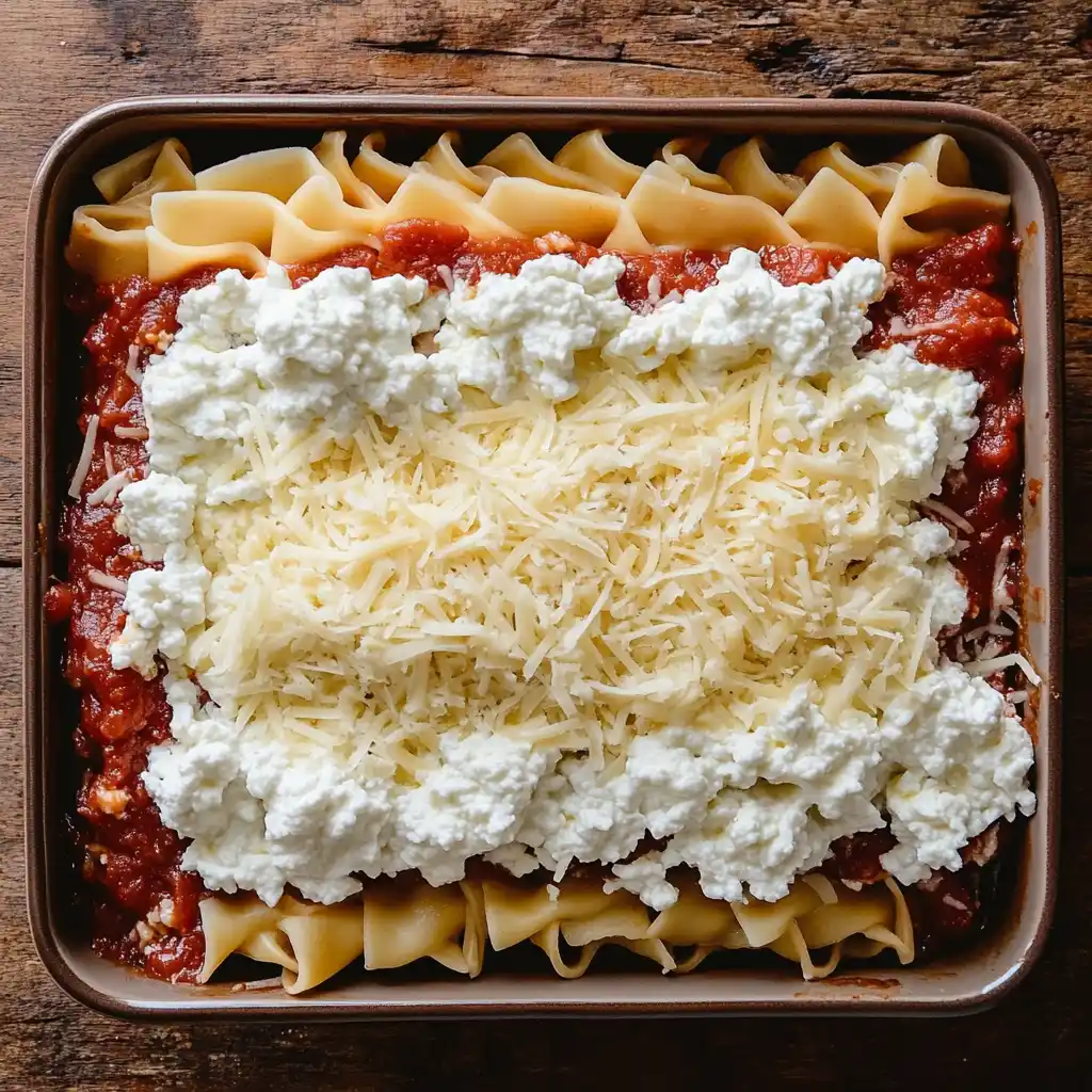 Do I Need to Boil Oven-Ready Lasagna Noodles A baking dish being layered with oven-ready noodles, sauce, and cheese