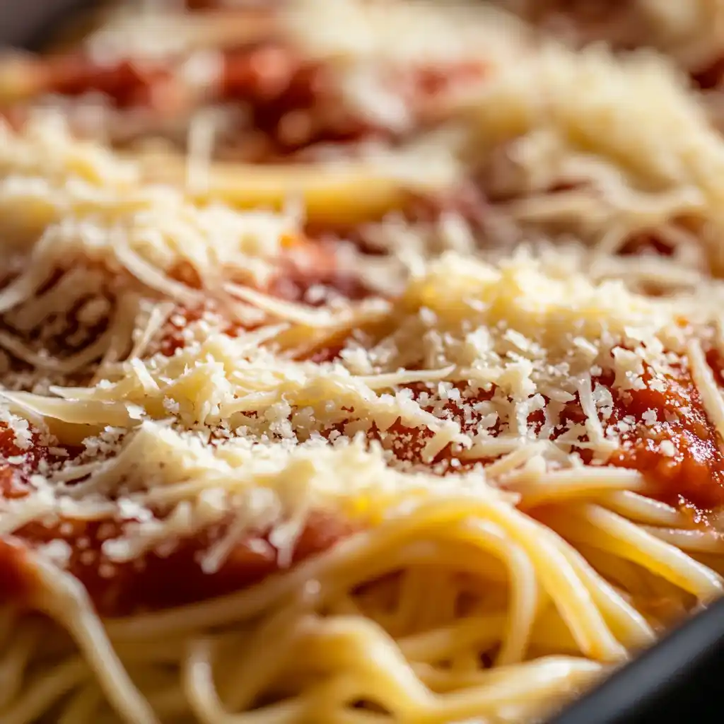 A baking dish showing layers of oven-ready noodles, sauce, and cheese