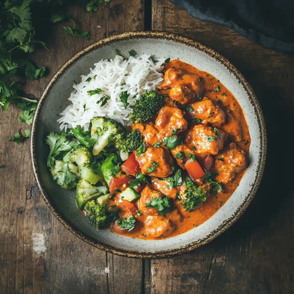 A low-calorie chicken tikka masala dish with vegetables