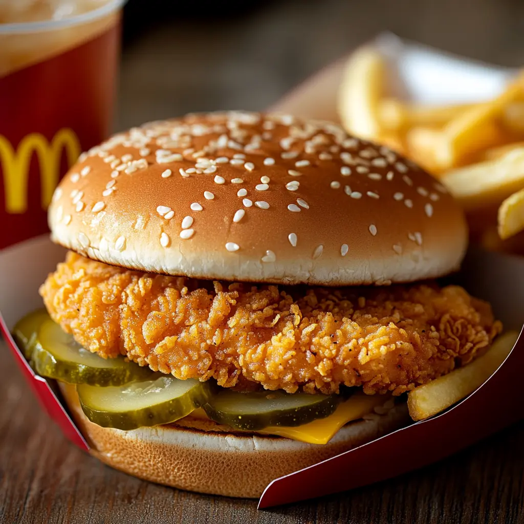 A McDonald’s crispy chicken sandwich served in its signature packaging