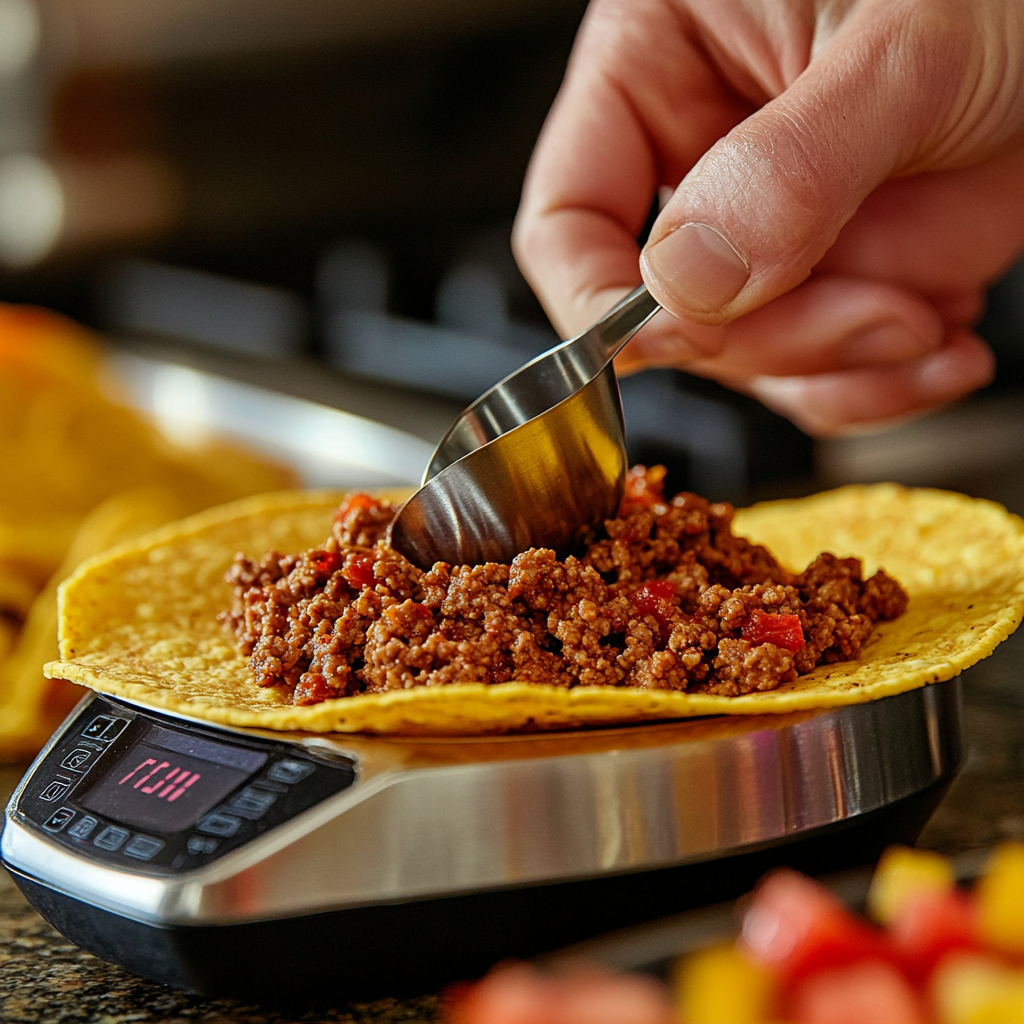 How Much Shredded Cheese on 1 Hard Shell Taco? Measuring 2 ounces of ground beef for a taco.