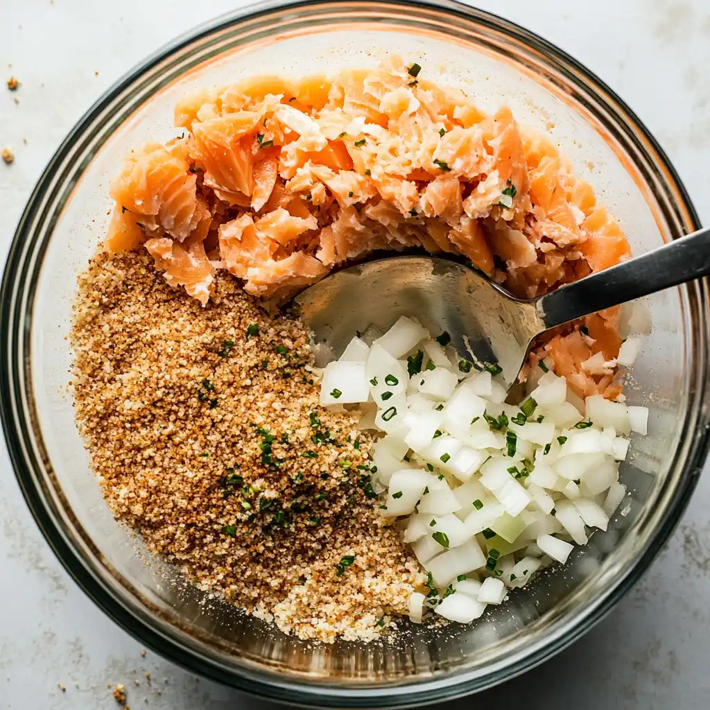 Old-Fashioned Salmon Patties Recipe
Ingredients for salmon patties being mixed in a bowl