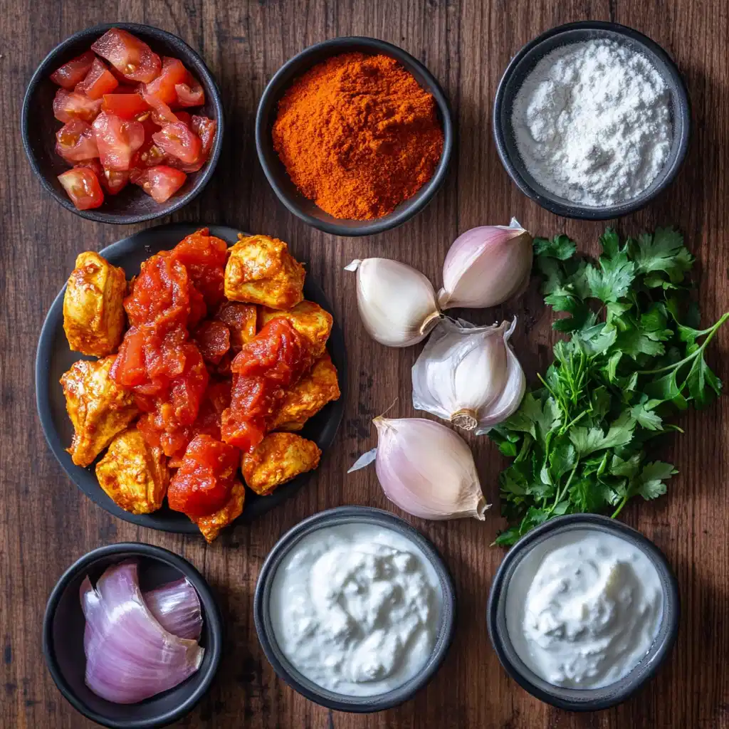 How Many Calories in Chicken Tikka Masala Ingredients for chicken tikka masala laid out on a table