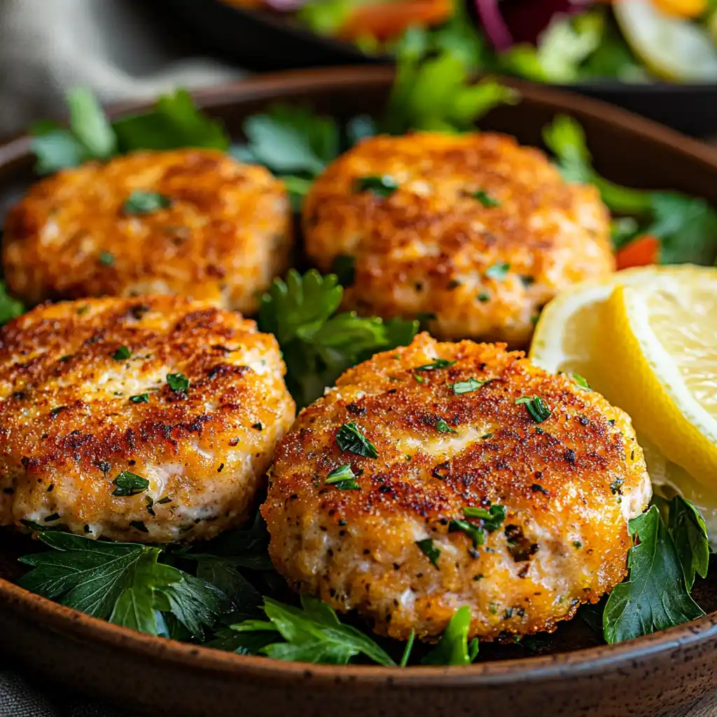 Crispy golden salmon patties served on a plate with lemon wedges and a side salad