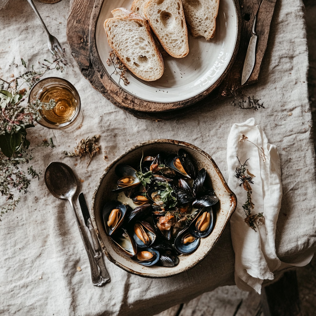 Flex Mussels served with bread and a glass of white wine