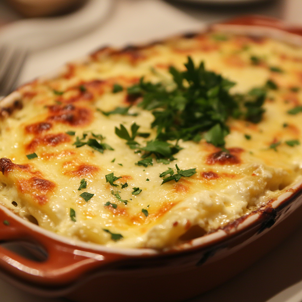 A freshly baked Barilla lasagna in a casserole dish, garnished with parsley