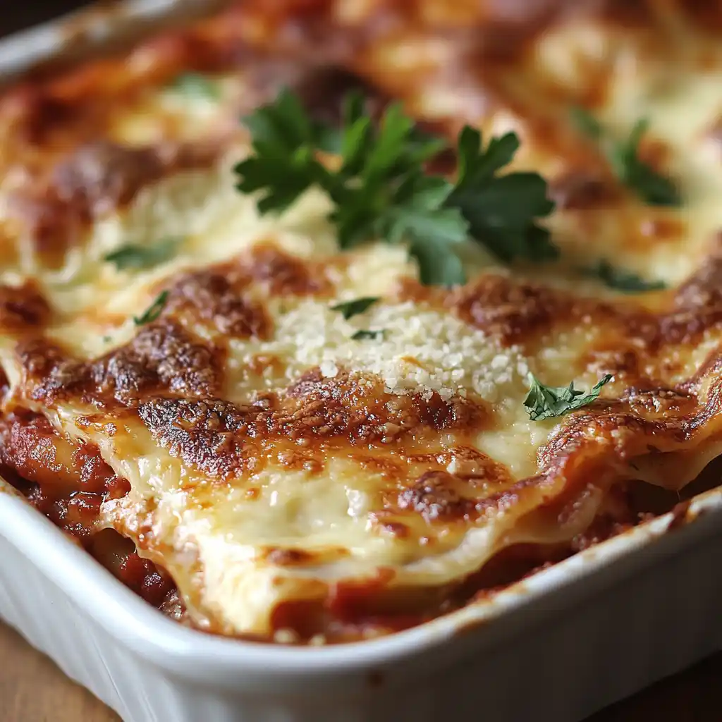 A freshly baked Barilla lasagna in a casserole dish, garnished with parsley