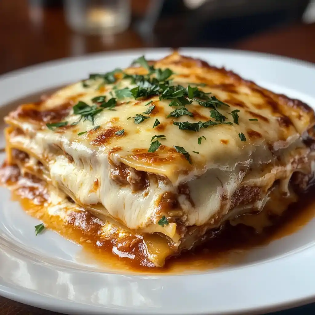 A slice of lasagna showing tender noodles and melted cheese layers