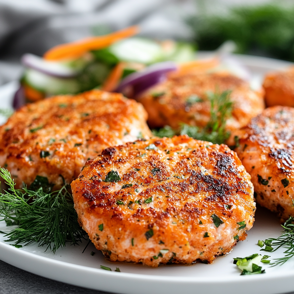 Healthier salmon patties served with a fresh side salad