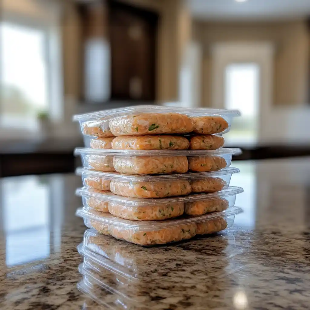 Individually wrapped salmon patties stored in an airtight container