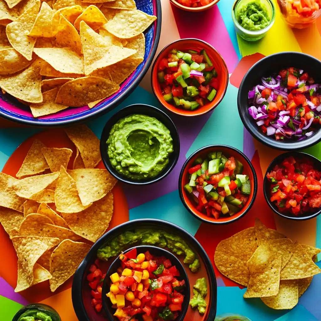 Assorted protein chips in different flavors on small plates with dips