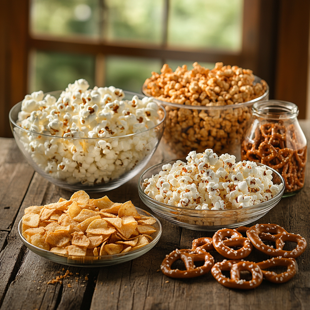 A side-by-side comparison of Quest Protein Chips, popcorn, and gluten-free pretzels on a table