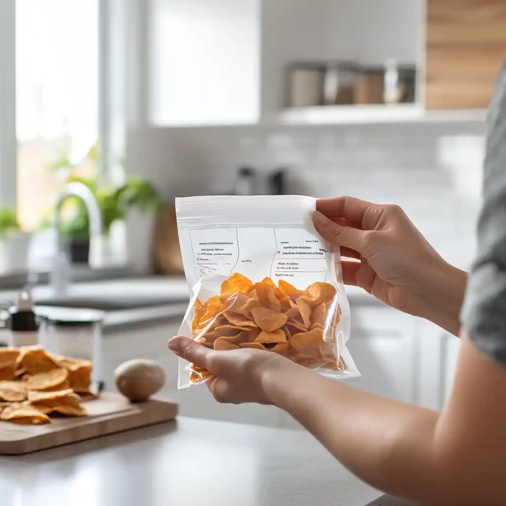 A detailed nutrition label on protein chips highlighting low carbs and high protein