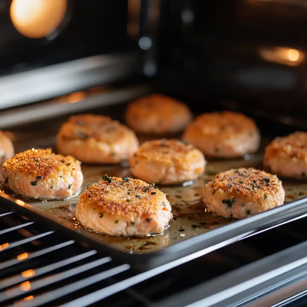 Cooked salmon patties reheating in an oven on a baking sheet