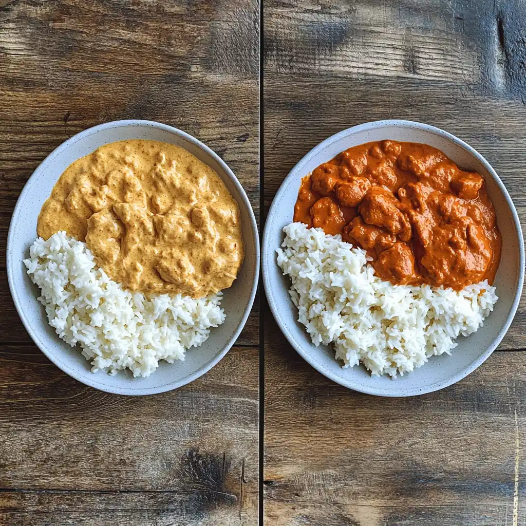 A side-by-side comparison of restaurant and homemade chicken tikka masala